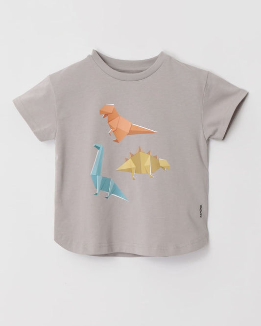 恐竜柄キッズTシャツ グレー(ORIGAMI DINOSAURS) 正面|RAMÜNE