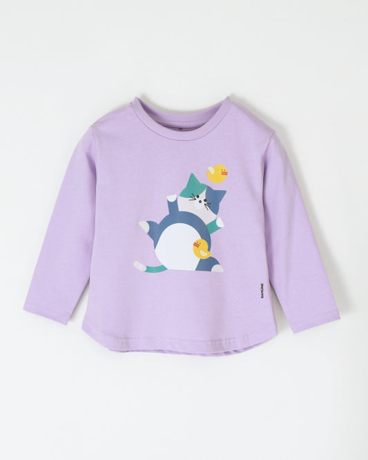 ネコ ブロック柄 長袖Tシャツ 男の子 ライラック｜RAMÜNE BLOCK ANIMALS CAT