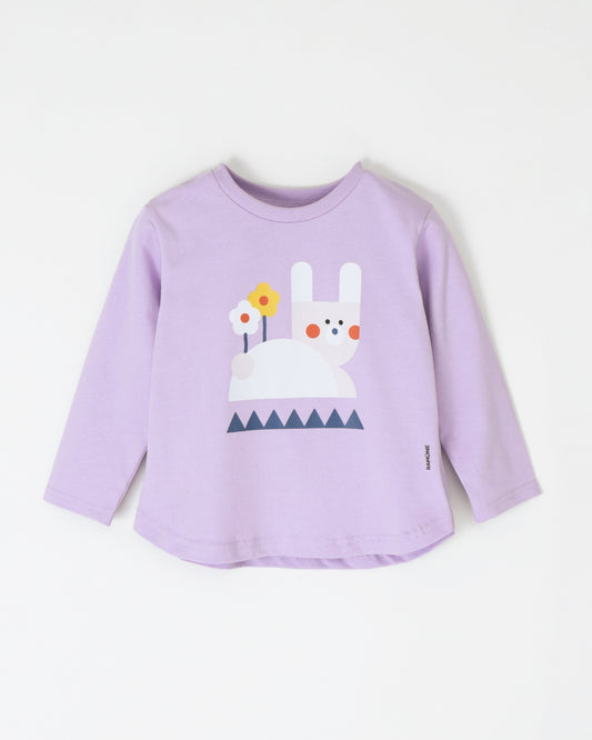 うさぎ ブロック柄 長袖Tシャツ 男の子 ライラック｜RAMÜNE BLOCK ANIMALS RABBIT
